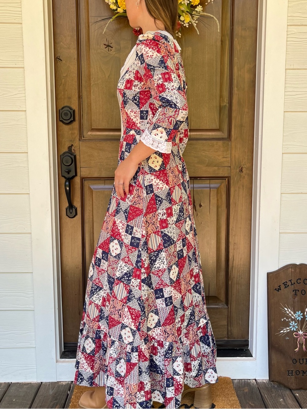 Vintage 70s Handmade Patchwork Lace Maxi Dress - Picture 2 of 4
